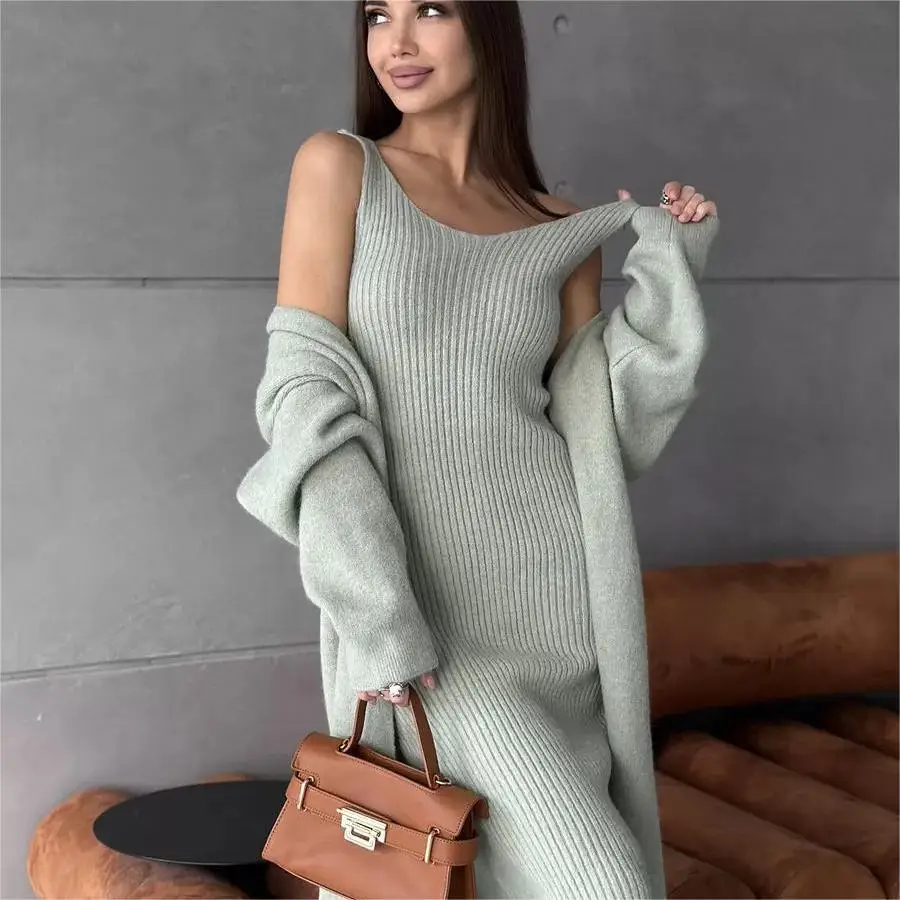 Relaxed Elegant Women Ribbed Knit Tank Midi Dress And Long Sleeve Open Front Cardigan Loose Solid Color Autumn Winter Dress Set