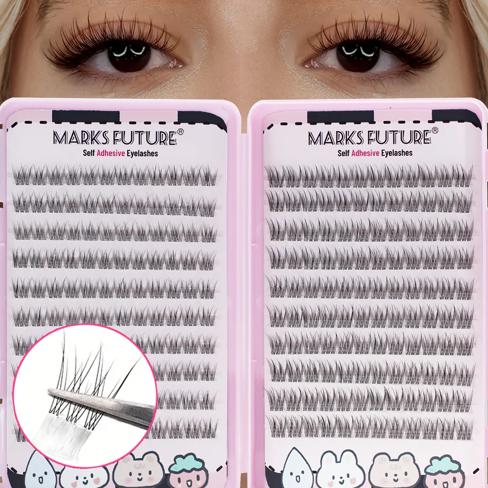 Clústeres de pestañas autoadhesivos, pestañas postizas de 11-12 mm Naturales estilo Manga, pestañas de clúster reutilizables sin pegamento, pestañas preadhesivas C-Curl de aspecto natural, ultradelgadas y ligeras, fáciles para principiantes (sin residuos, duraderas)