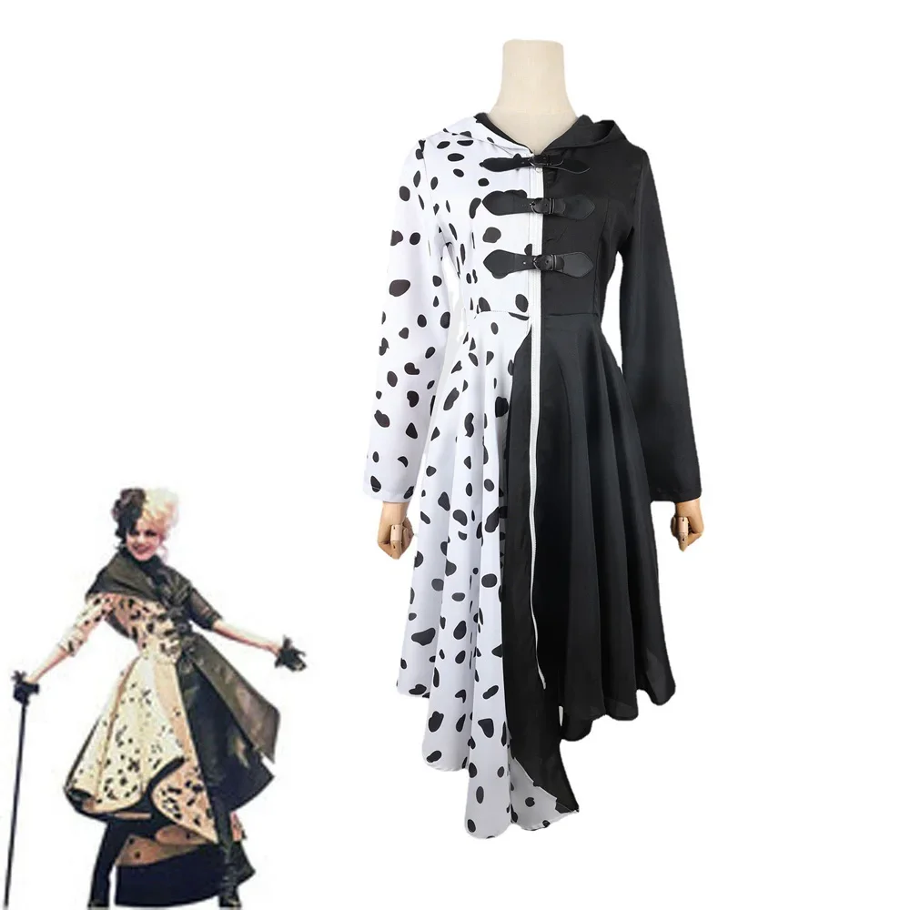 أنيمي Volwasss Cruella De Vil تأثيري ، أزياء الهالوين ، Pruiken ، Dalmatiërs ، Cruella Zwart ، Wit Jurk