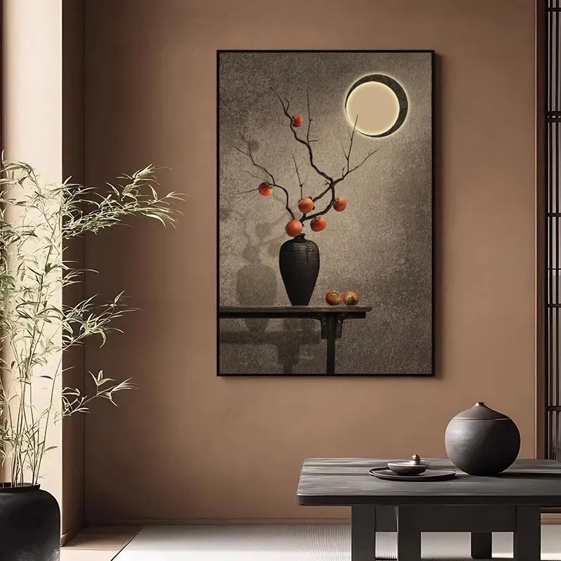 1pc frameless Canvas Painting Wabi Sabi Style Persimmon Canvas Poster Chinese Zen Ink Still Life Vase Painting Minimalist Living