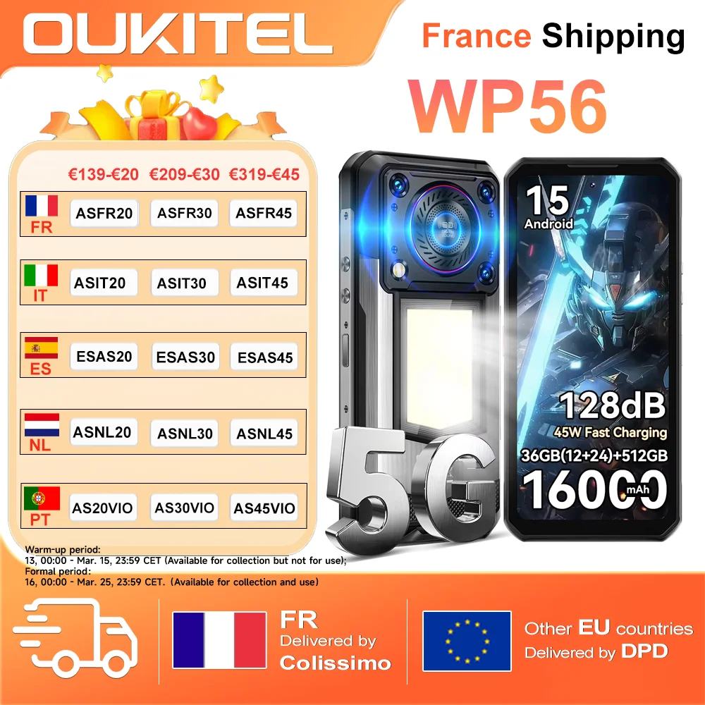 Smartphone OUKITEL WP56 36 Go (12+24) + 512 Go Android 15, batterie 16000 mAh, charge rapide 45 W, écran 6,8 pouces FHD 120 Hz, haut-parleur 128 dB, appareil photo 108 MP, 5G