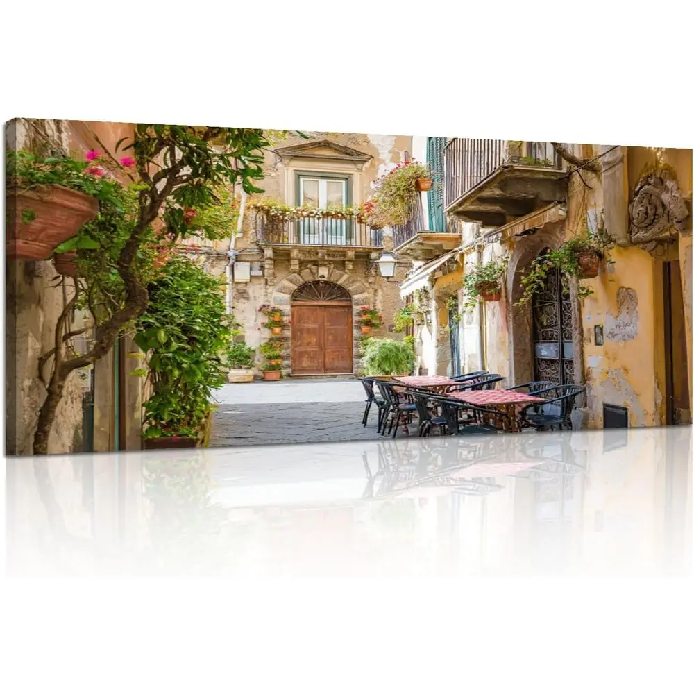 

Stretched Canvas Art: Cozy Street Scene with Tables, Chairs, Positano, Italy - 30x60 Inch Wall Decor for Living Room or Bedroom