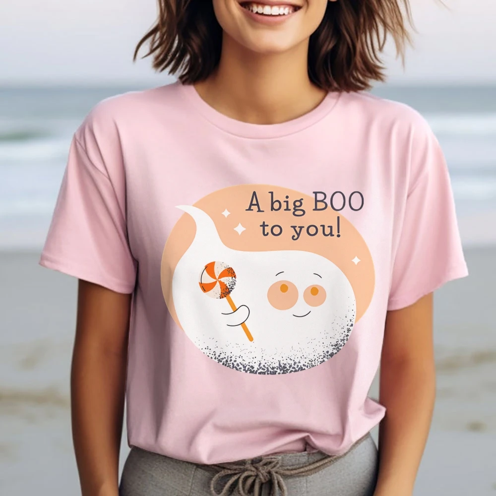 Y2K 코튼 캐주얼 여성 티셔츠 반팔 라운드 넥 장착 컬러 풀 한 귀여운 만화 할로윈 유령 A Big BOO To You