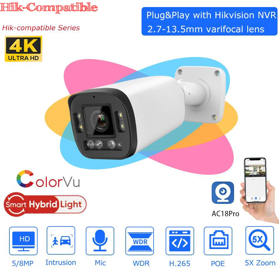 Hikvision Compatible 5MP 8MP ColorVu Bullet IP Camera 2.7-12mm varifocal lens 5X SD Card Slot 2-way Audio Surveillance IP Camera