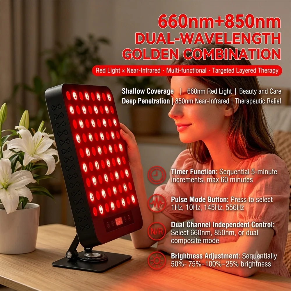 360W Red Light Therapy Panel 72 LEDs 660nm 850nm Near Infrared Light Adjustable Brightness Pulse Timer Touch Screen