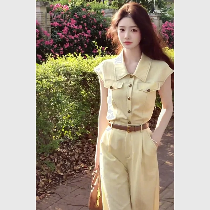 

2026 New Summer Ultra Fire Yellow One-Piece Pants High Waist Wide Leg Commute Sle Ele Ladylike Aosphere Faionable
