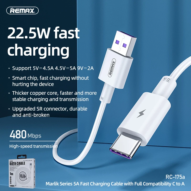 Remax 5A Fast Charging Data Cable Type-C Cable PD 22.5W Applicable to All USB Type-C Products High Speed Transmission 1M/2M