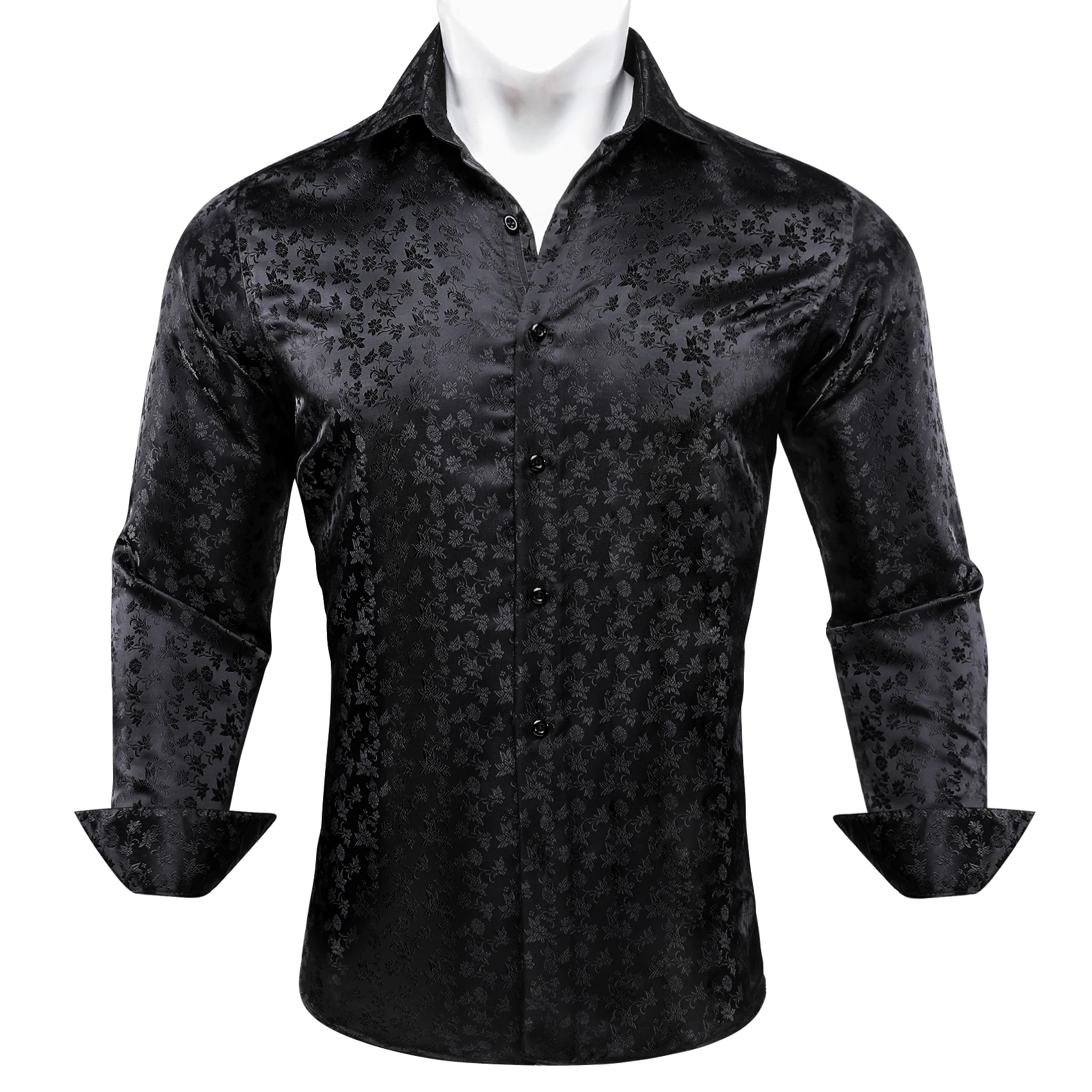 Barry Wang Mens Shirts Black Floral Silk Embroidered Long Sleeve Slim Causal Turn Down Breathable Colorfast Men Clothing Tops