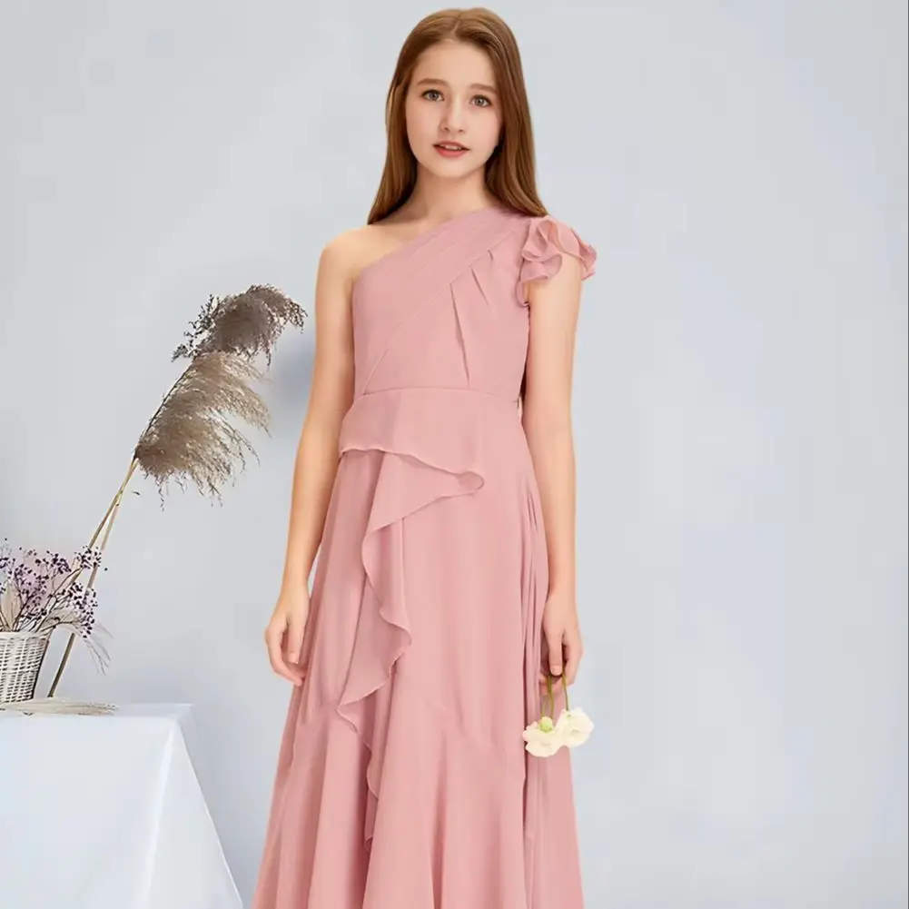 

WWA A-line One Shoulder Asymmetrical Chiffon Junior Bridesmaid Dress With Cascading Ruffles Blush Flower Girl Dress Wedding Teen