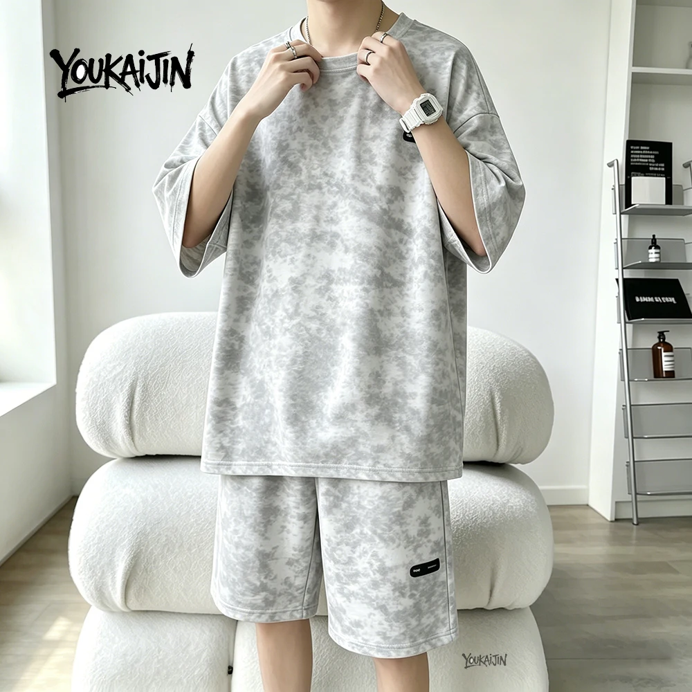 7XL 8XL Tie Dye T Shirt and Shorts Set Men White Casual Streetwear Co Ord Set Men Summer Loose Sportswear 2 Piece Outfit Men - Image 4