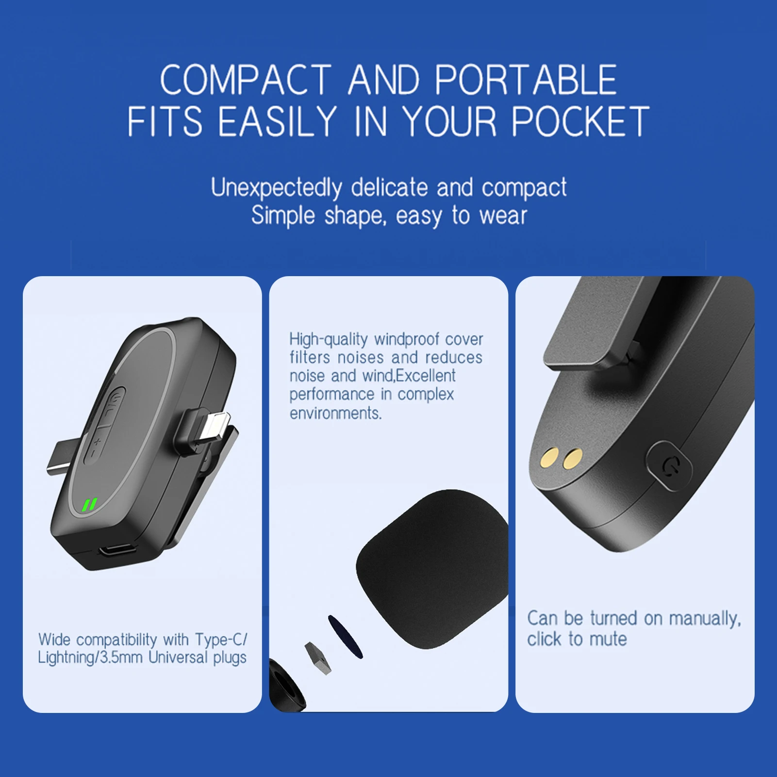 One-Trigger-Two Mini microfono wireless da bavero 2.4G Accoppiamento automatico Portata di trasmissione 50M per iPhone 16/15/14/13 e Type-C Androi