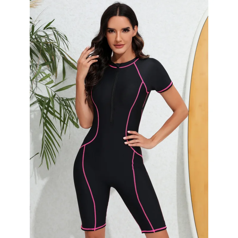 

Women's One-Piece Zipper Sports Swimsuit, Short Sleeve Surfing Suit, Sun Protection, Surfing Suit, Dive Skin, Snorkeling Su