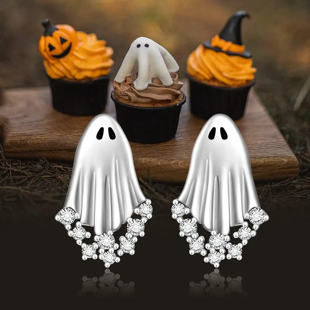 Cute Cartoon Silver Ghost Rhinestone Stud Earrings For Women Fashion Alloy Ears Accessories Jewelry Halloween Gifts Party Casual