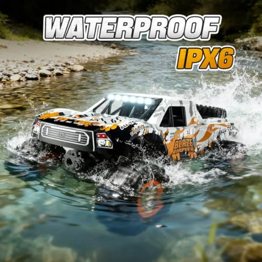 Amphibious RC car for outdoor and water use, ABS plastic body in red, 2.4 GHz remote control with 60-minute runtime and dual ba
