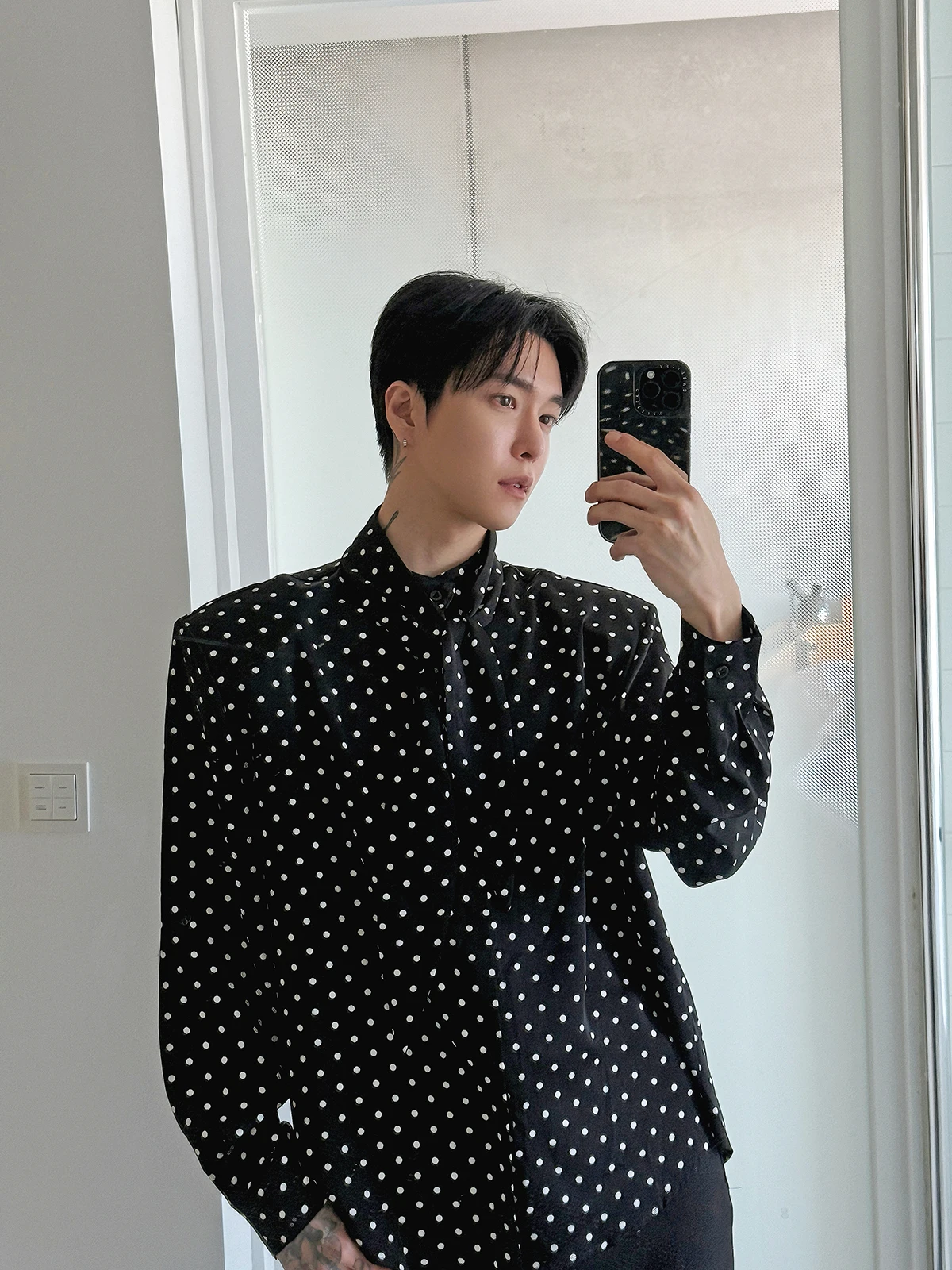 

Bla Polka Dot Tie irt Men's Long Sve Button up Retro Sle Faionable And Haome Casual Polyester Fiber irt