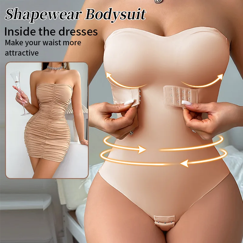 Womens Invisible Shoulder Strap Bodysuit Sexy Lingerie Basic Non-slip Strip Abdominal Breasted Compression Waist Corset Jumpsuit