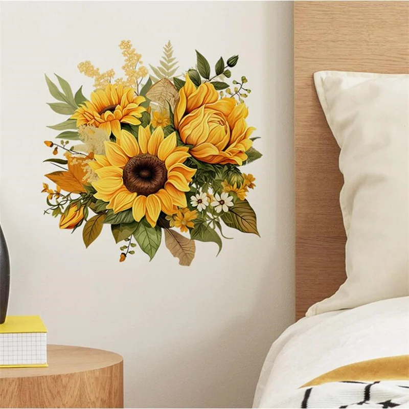 Self-Adhesive Colored Yellow Sunflowers Flowers Wall Stickers For Bedroom Living Room Cabinet Beautification Decoration Wholesal