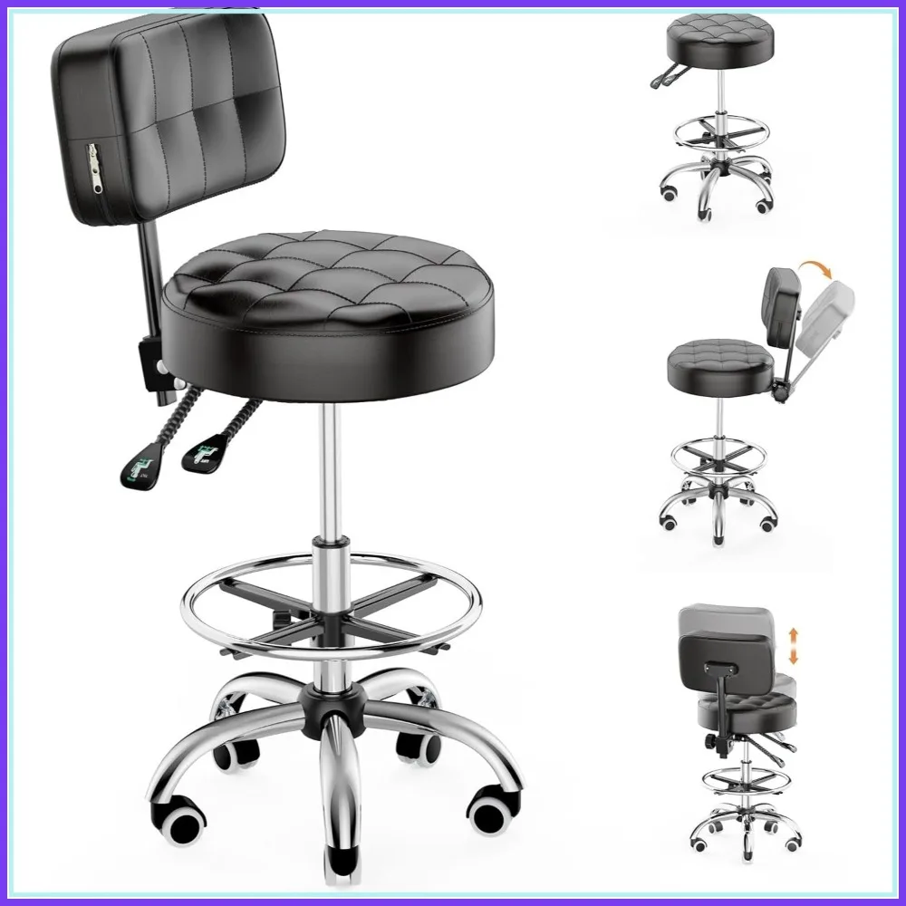 

Adjustable Height Rolling Stool with Wheels, 400lbs Capacity Swivel Chair for Salon Spa Tattoo Massage Office (Black)