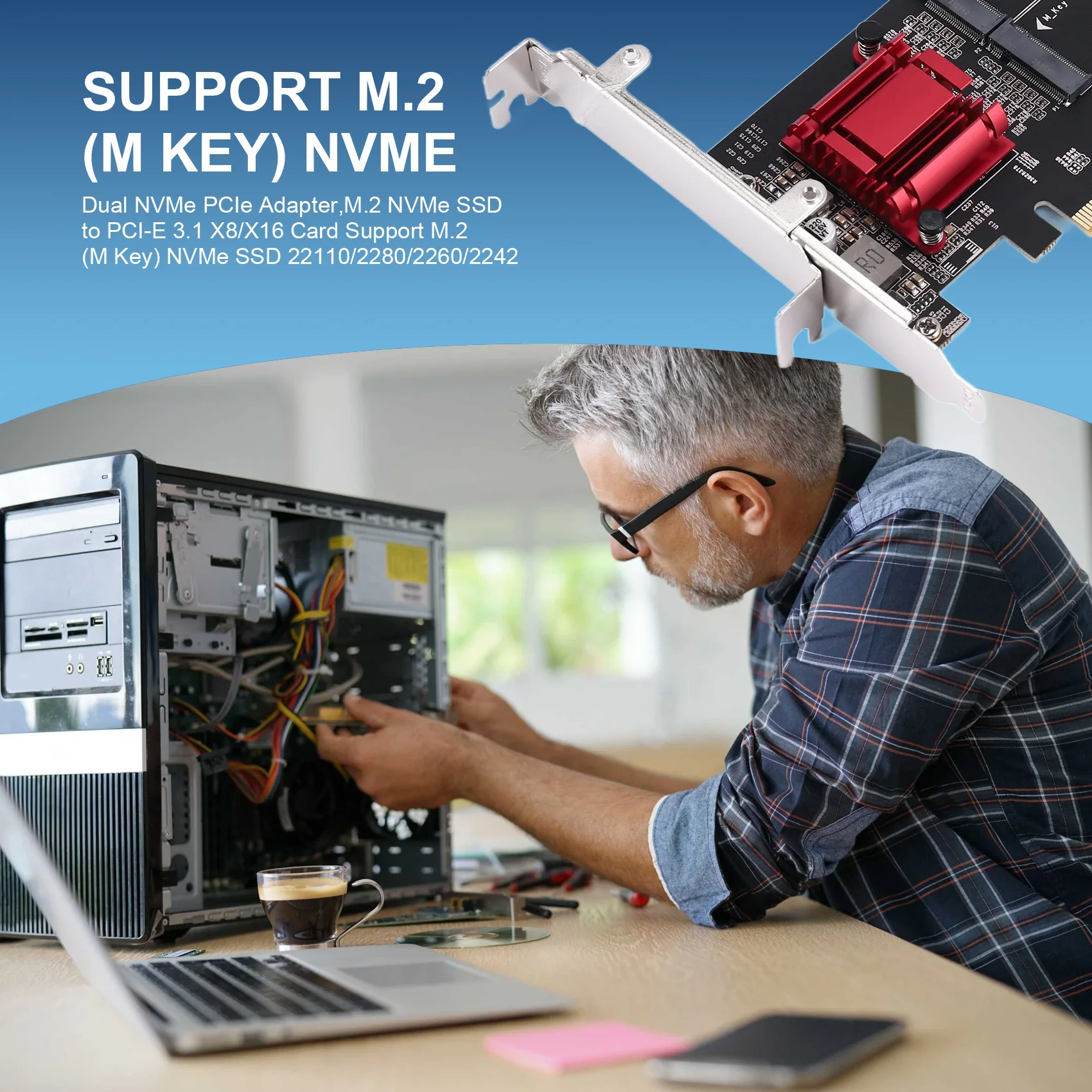 Dual NVMe PCIe Adapter, M.2 NVMe SSD ไปยัง PCI-E 3.1 X8/X16 การ์ดรองรับ M.2 (คีย์ M) NVMe SSD 22110/2280/2260/2242