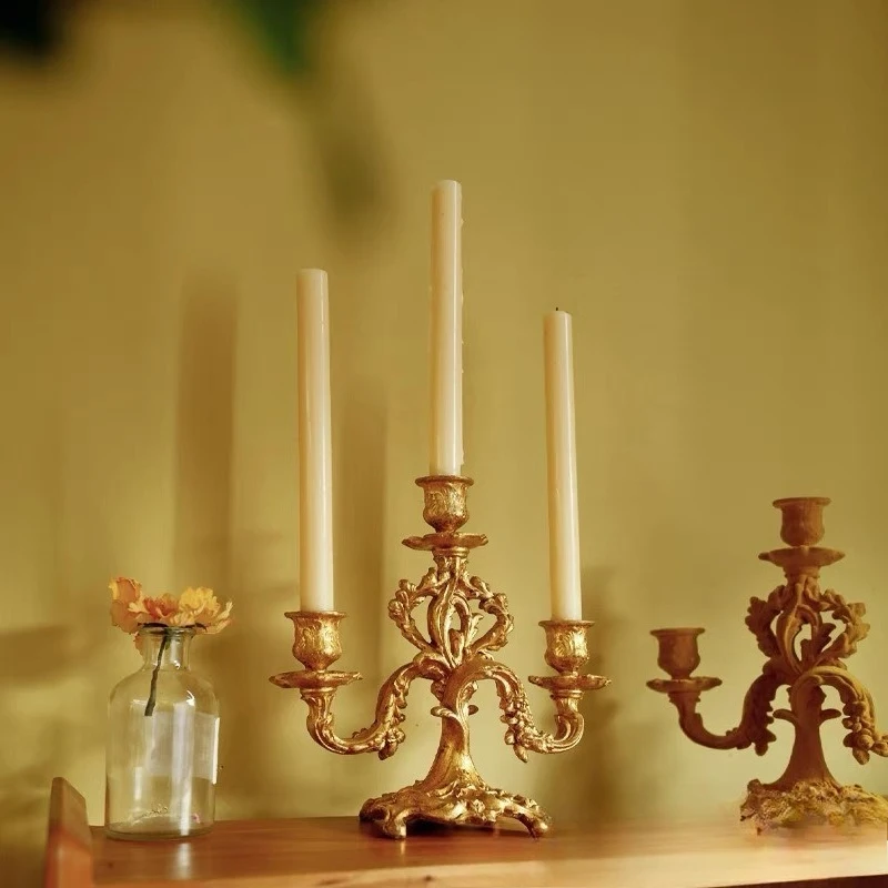 Retro French Court Gold Candle Holder, American Luxury Table Candlestick, European Desktop Decor Ornament