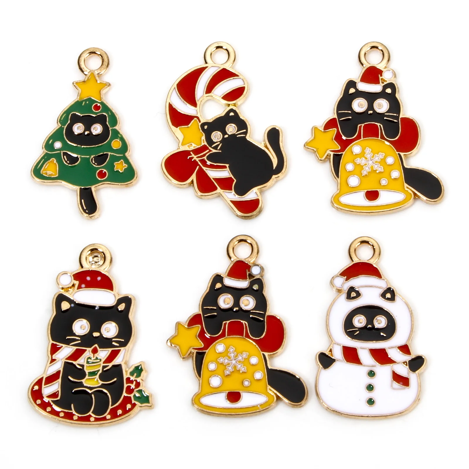 10pcs New Christmas Charms Multicolor Cat Animal Christmas Tree Bell Enamel Metal Pendants DIY Women Necklace Earrings Jewelry