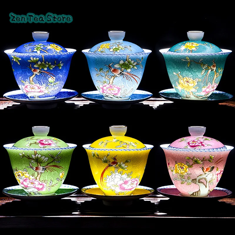 Enamel Sancai Cover Bowl Household Single Large Ceramic Sancai Bowl Tea Saucer Palace Style Tea Set Hand-painted High-end