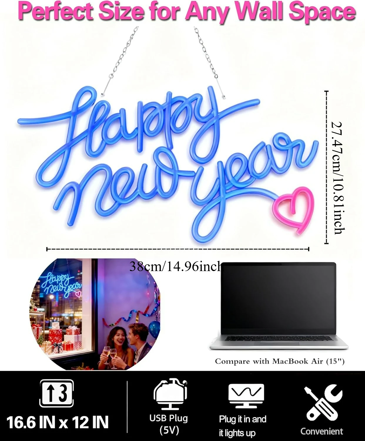 ป้ายไฟนีออนสุขสันต์วันปีใหม่ ป้ายไฟนีออน LED ปรับความสว่างได้ สำหรับตกแต่งผนัง คลับ ปาร์ตี้ ห้องนอน บ้าน โชว์รูม ร้านค้า ของขวัญ