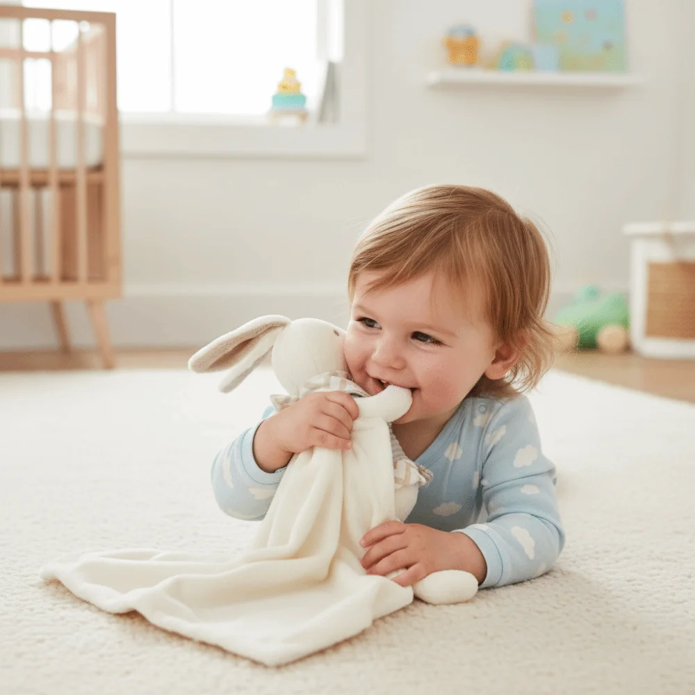 Square Shape Baby Rabbit Comforter Cute Embroidery Elegant Bow Decor Rabbit Square Blanket Material Baby Security Blanket