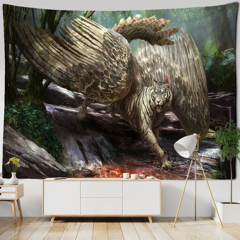 Mysterious Forest Tapestry Wall Hanging Flowers Jungle Animals Moon Ocean Landscape Illustration Room Home Decor