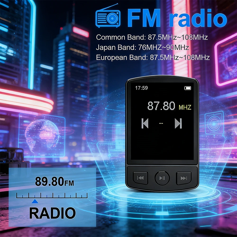 Portable Sport Clip MP3 Player 1.8 Inch Bluetooth 5.2 HiFi Lossless FM Radio E-Book Voice Recorder for Running Workout Outdoor