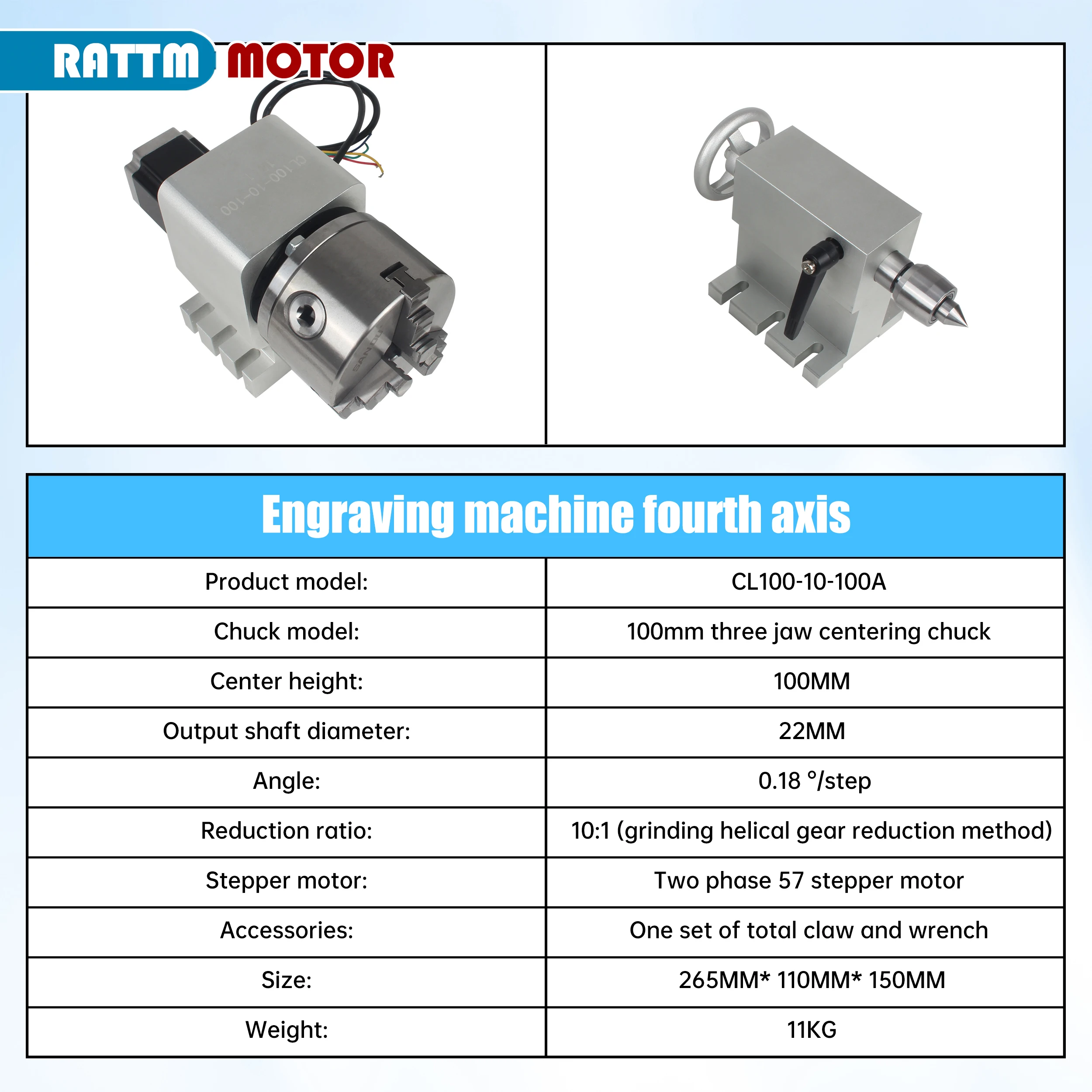 K11-100mm 3 Klauwplaat NEMA23 Stappenmotor 10:1 CNC 4 Axis Roterende As Met Losse Kop Voor CNC Router Freesmachine