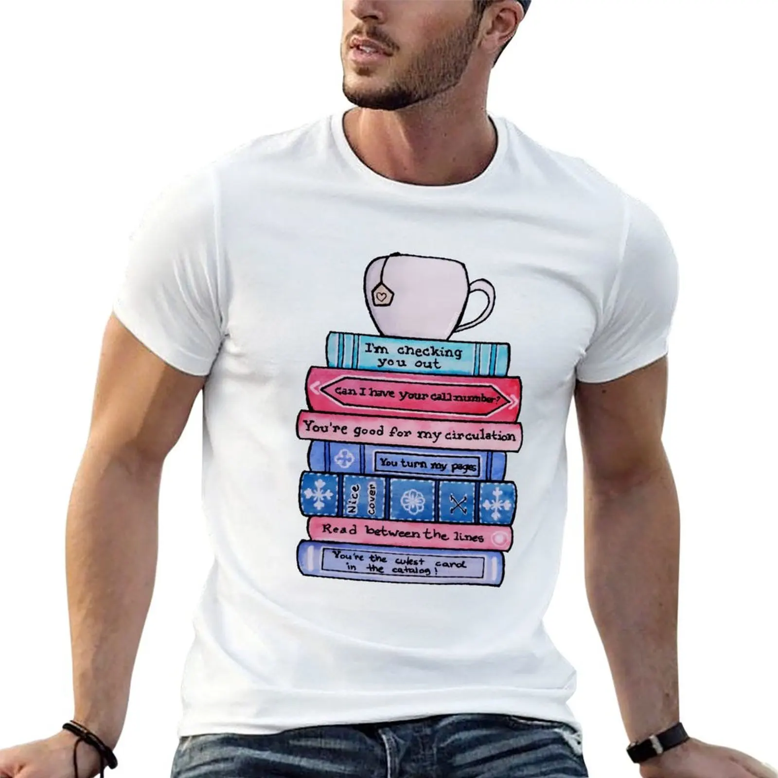 Watercolor Library Lovers Punny Books and Teacup T-Shirt aesthetic clothes designer shirts slim fit t shirts for men