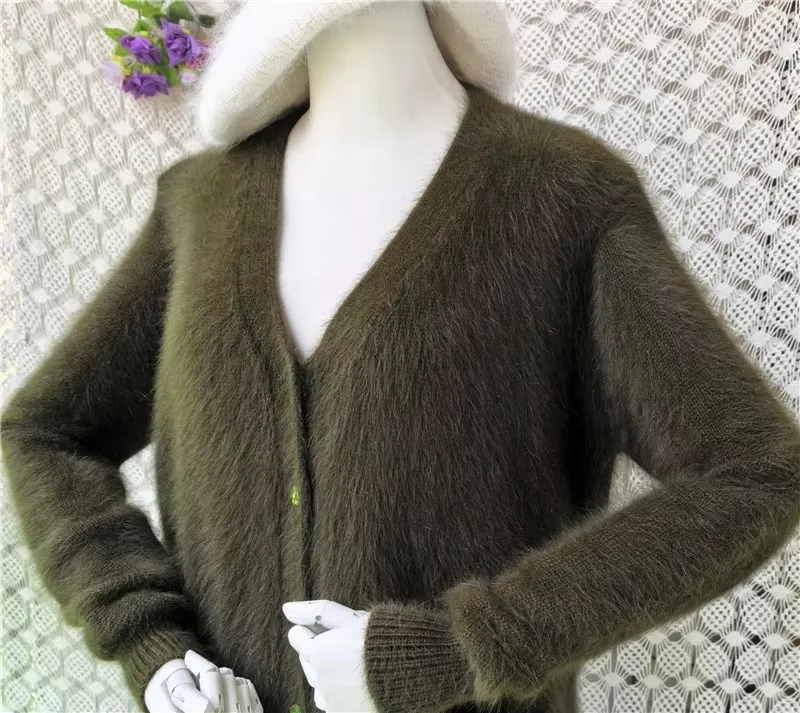 Ladies Women Autumn Winter Fashion Green Hairy Mink Cashmere Knitted V-Neck Long Sleeves Loose Caridgans Angora Fur Sweater Coat