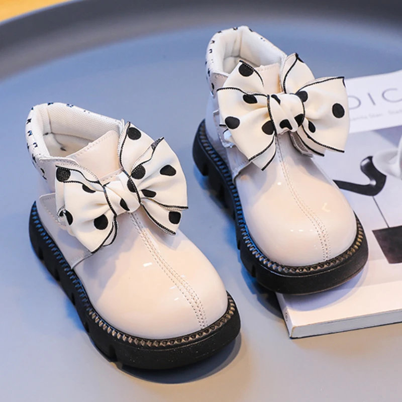 Girls Ankle Boots Black White Versatile Princess Polka Dot Bow Kids Fashion Casual Short Boots Hook Loop Children Glossy Shoes