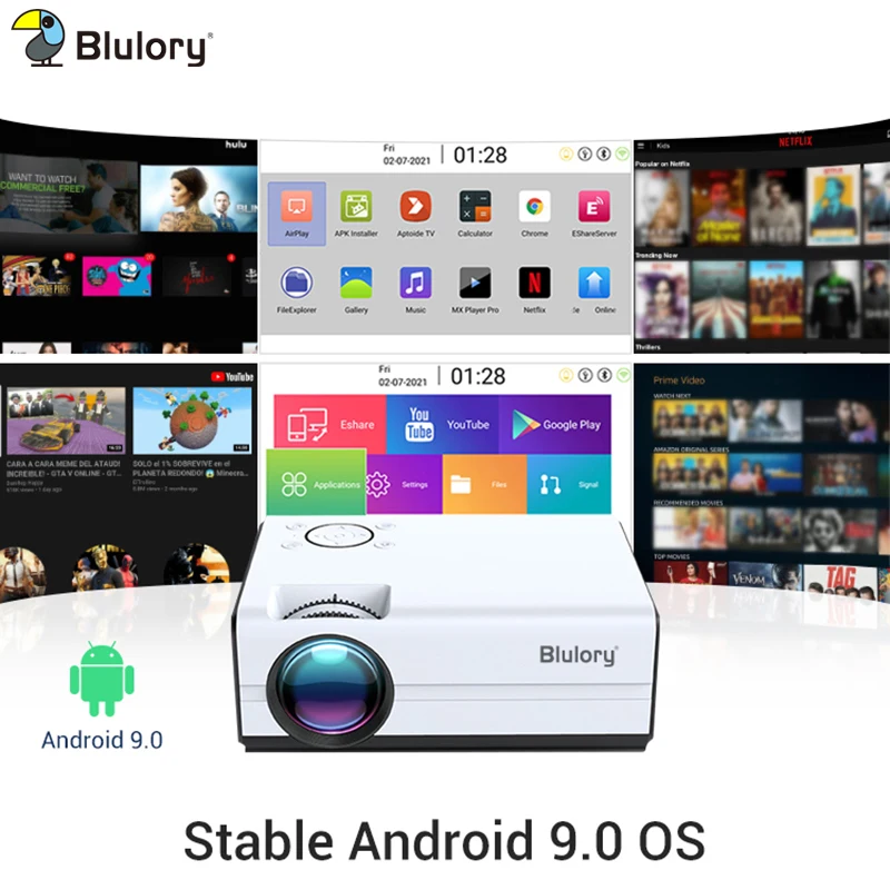 Blulory proiettore Home Theater portatile T1 HD 1080P Android 9.0 1GB 8GB RAM 4K videoproiettore LED per telefoni Home Theater