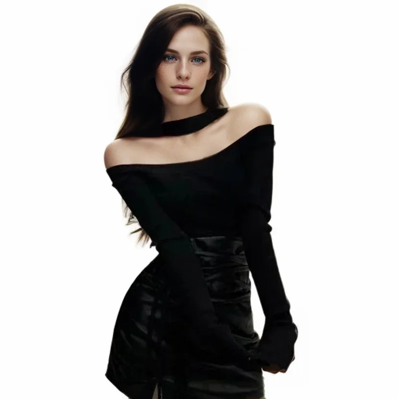 Women\'s Long Sleeve Cold Shoulder Pullovers Sweater Breathable Women\'s Halter Neck Backless Loose Sweater Tops