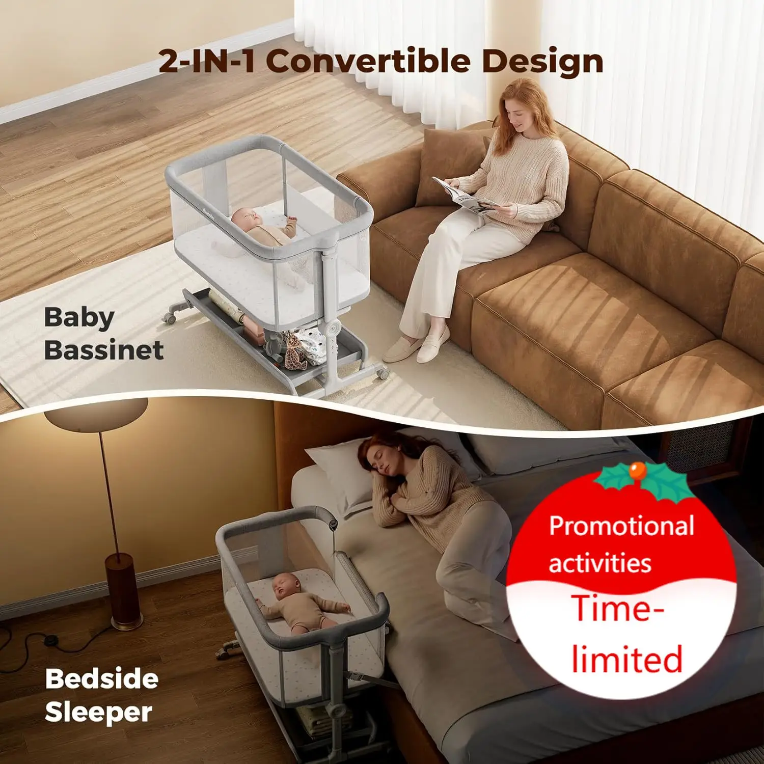 

Детская кроватка-люлька для новорожденных, портативная прикроватная кроватка с регулировкой высоты (7 уровней) и полностью сетчатыми боковинами.