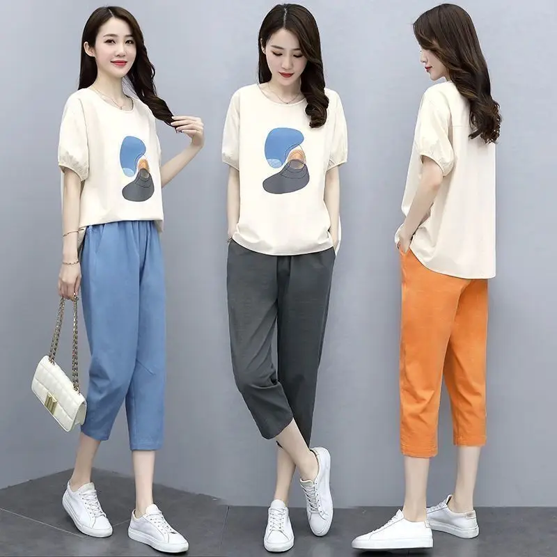 Women's Casual Suit Cotton Tops 2024 Summer New Fashion Sports Slimming T-shirt And Calf-Length Pants 2 Two Piece Set For Women