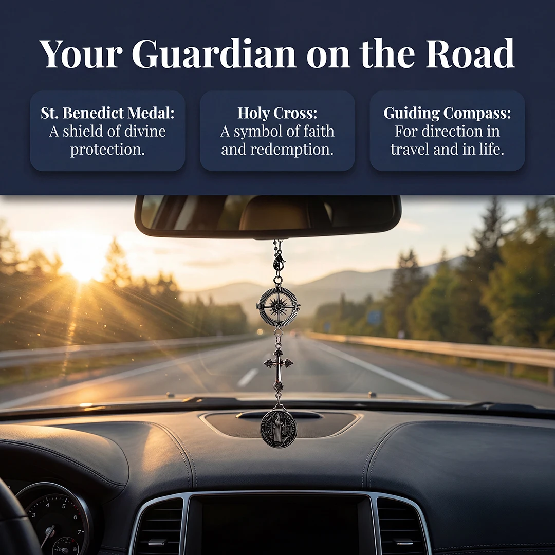 Christian Car Protection Hanging Ornament St. Benedict Cross Compass Alloy Rearview Mirror Charm for Car Interior Decoration
