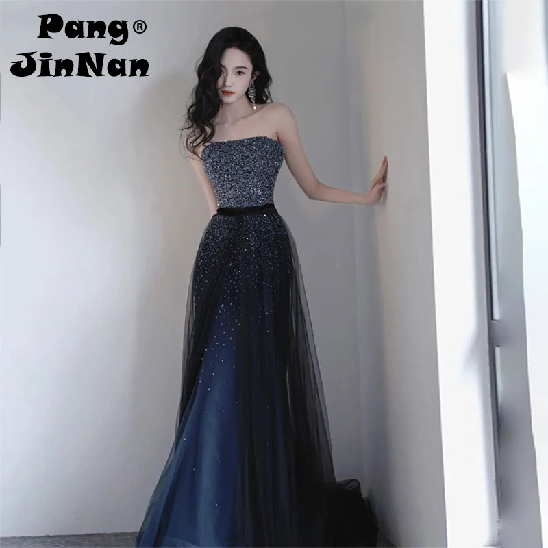 

PJN 2025 Sequin Long Evening Dress Women Sexy Strapless Blue Graduation Gown Performance Dresses Formal Host Wedding Party Dress