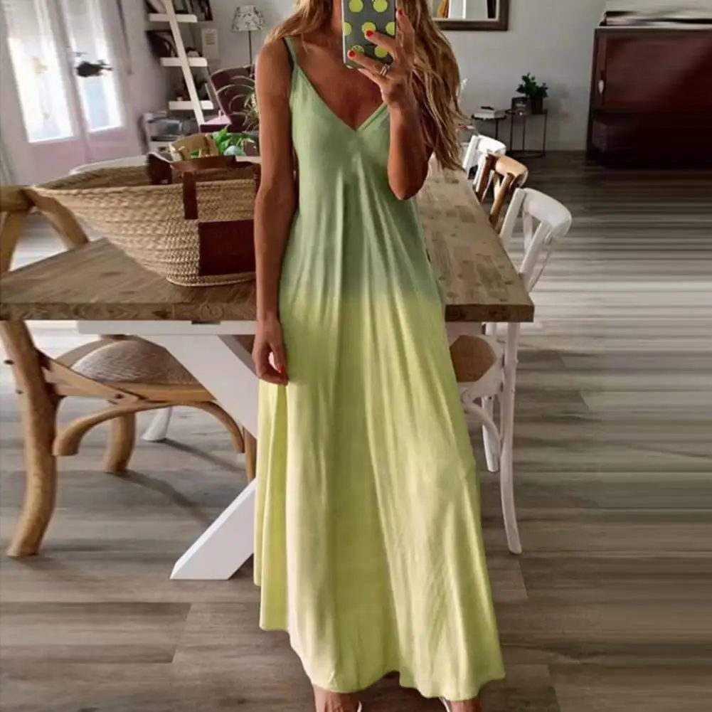 

Summer Women Dress Gradient Color Large Hem Spring Elegant Spaghetti Strap Maxi Dress for Party