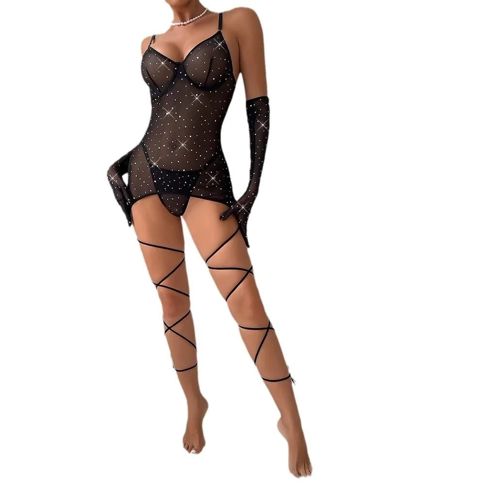 Women Rhinestone Mesh Lingerie 4 Piece Set Sheer Underwire Bodysuit Garter Belt Thong Long Gloves Sexy See Through Nightwear