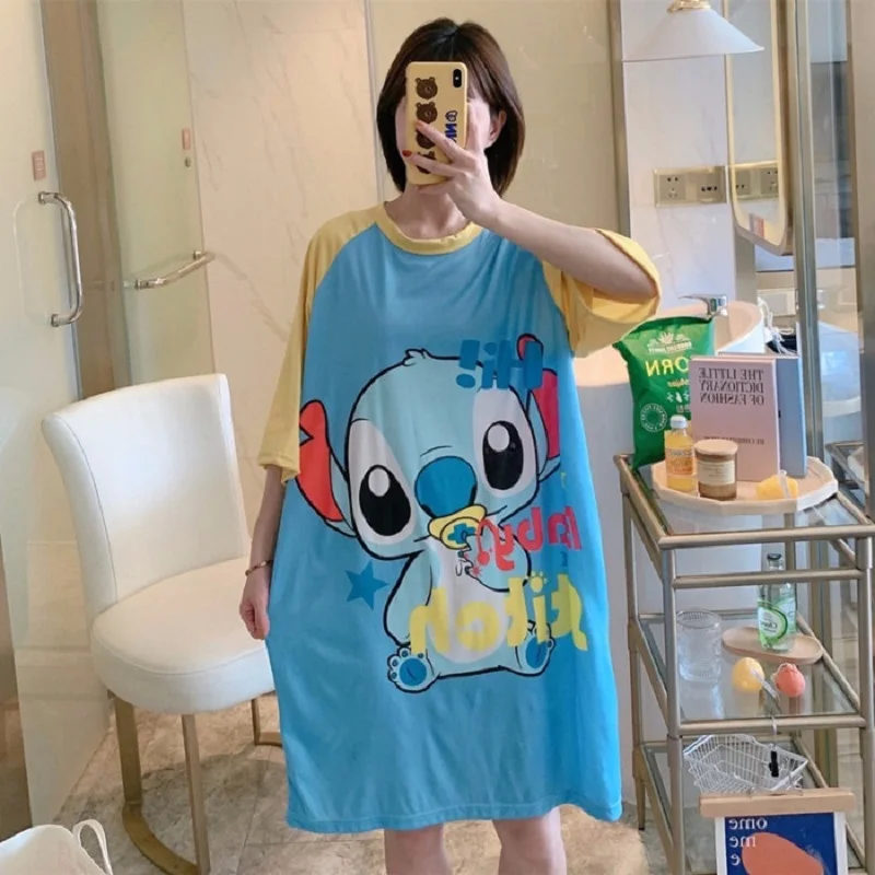 Summer Mickey Minnie Nightdress Short-sleeved Women's Cartoon Sweet Pajamas Home Clothes Loose Large Size Dress Home Clothes