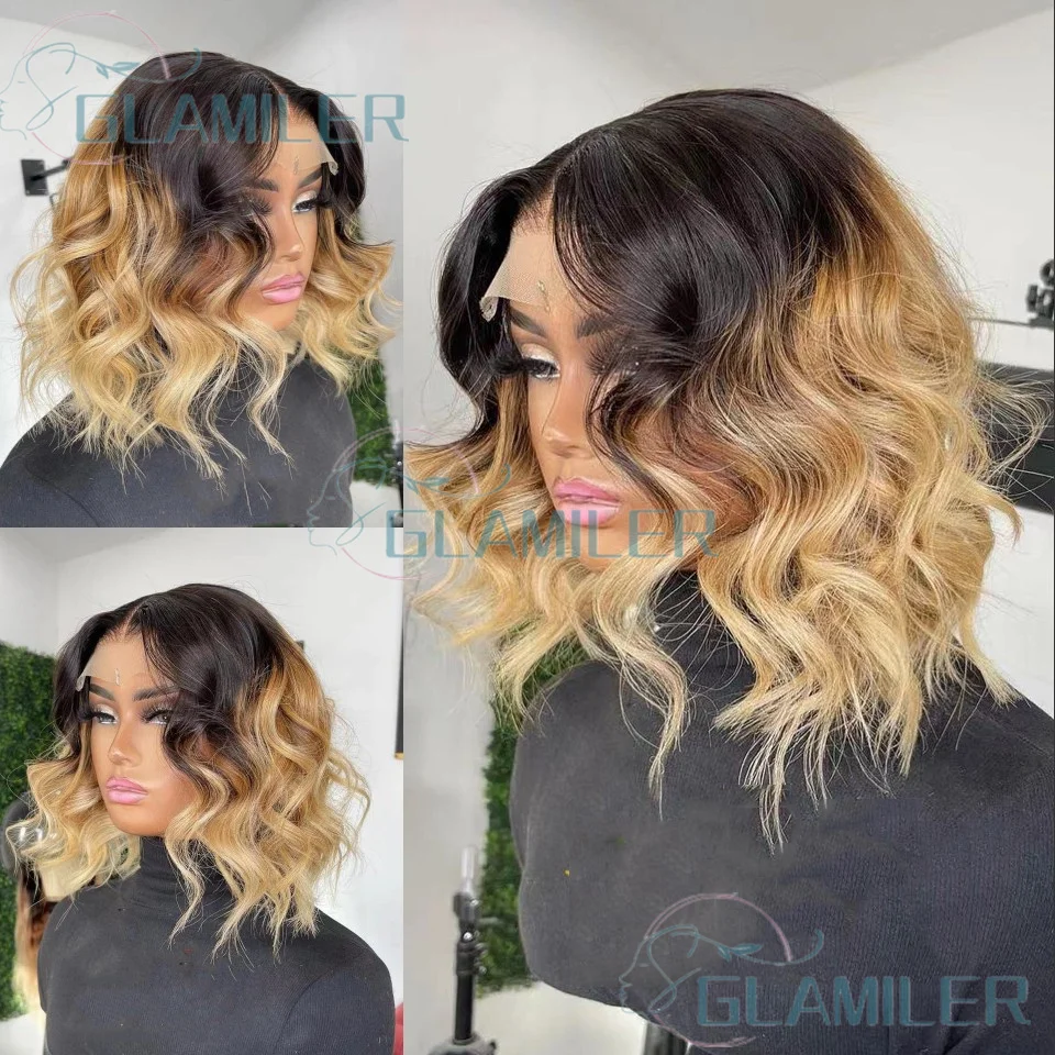 

Омбре блонд # Парик из натуральных волос 1b/27, короткий боб, с эффектом волны, предварительно снятая линия роста волос, шелковая основа 5x5, отбеленные узлы, парик с кружевной основой 13x6/360