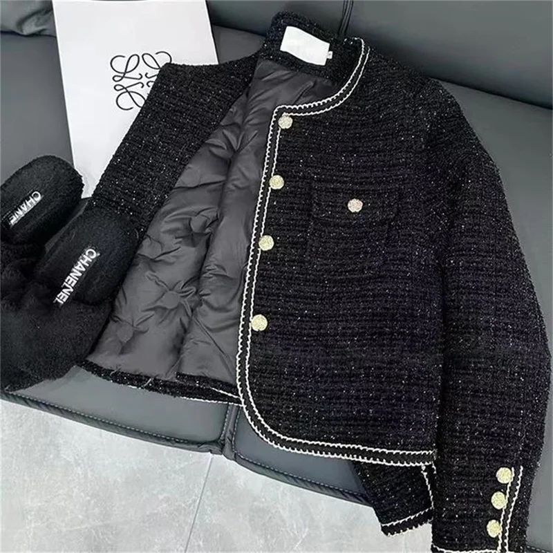 High-End Warm Down Cotton Jacket With Fragrance Tweed Woven Quilted Woolen Suit For Women Autumn Winter 2024 O-Neck Short Top