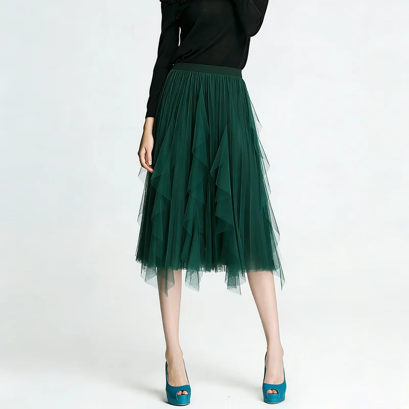 

New Woman's High Waisted Elastic Ruffle Edge Mesh A-line Pleated Skirts Fashion PY26022