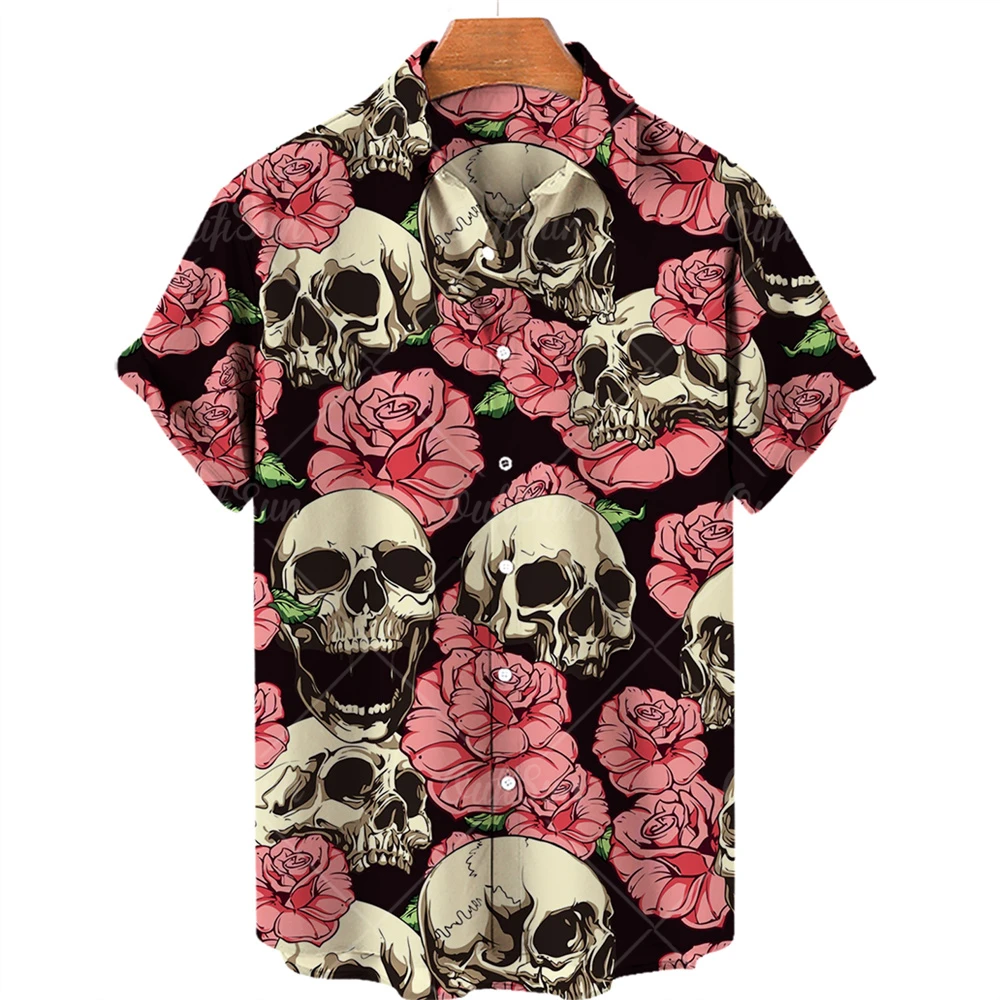 

3D Printed Skull Hawaiian Floral Casual Shirts For Men Halloween Summer Short Sleeved Oversize Social Men's short sleeved shirt