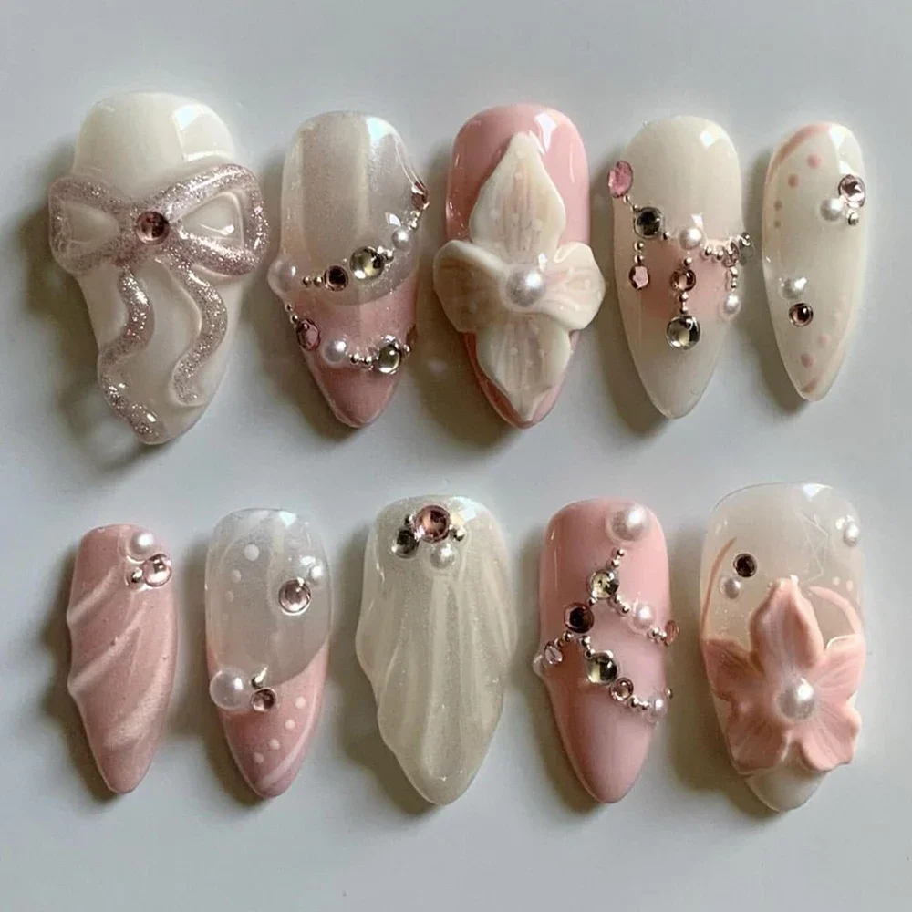 10Pcs Pure Handmade High Quality Almond Press On Nails Art Party Sticker 3D Flower Shell French Heart Diamond Fake Nails