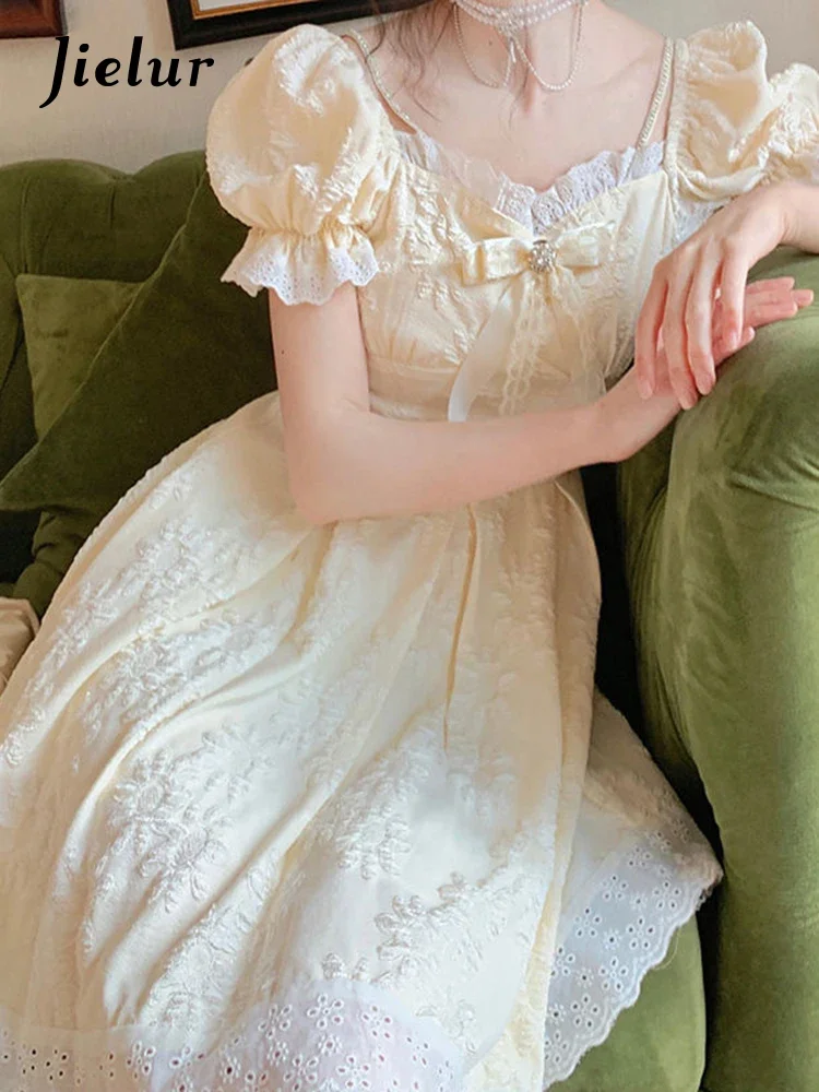 Jielur gelb kawaii elegantes kleid frauen süße koreanische prinzessin lolita kleid lässig puff ärmel schnüren party kleid sommer 2022