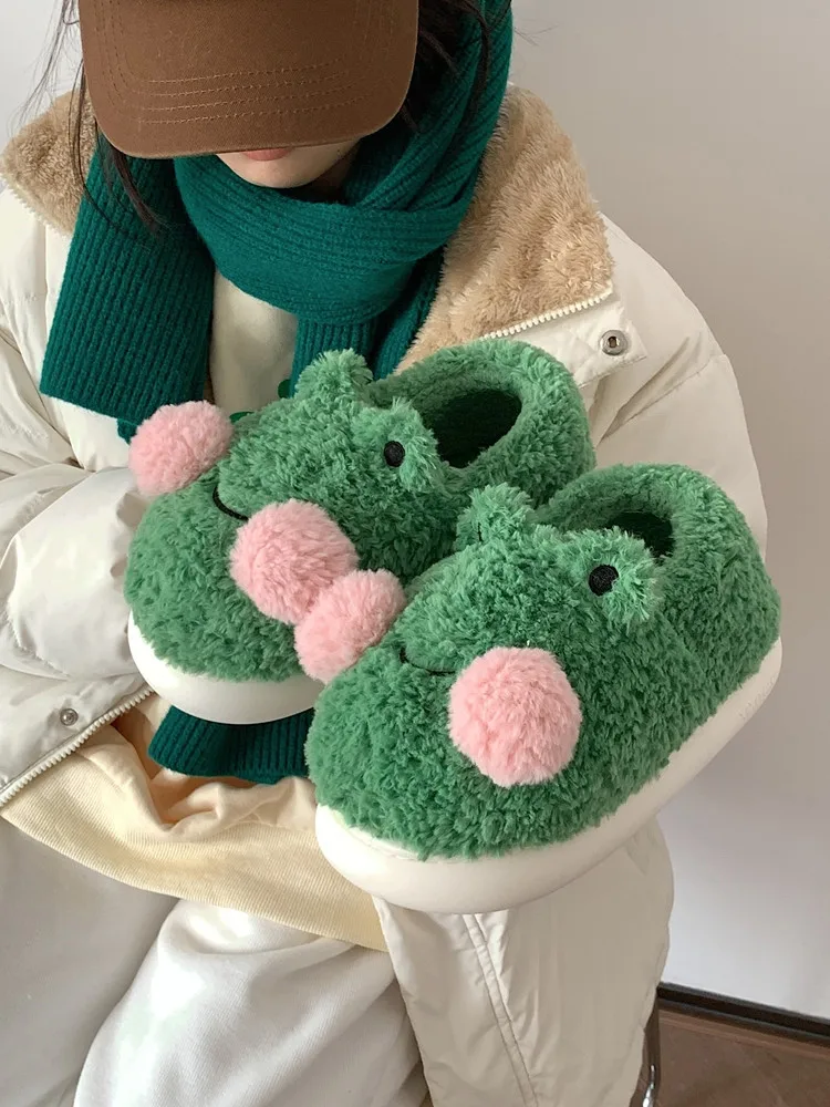 Cute Frog Cotton Home Slippers Women 2022 Winter Men And Women\'s Indoor Anti-skid Thick Soled Warm Woolen Household Shoes